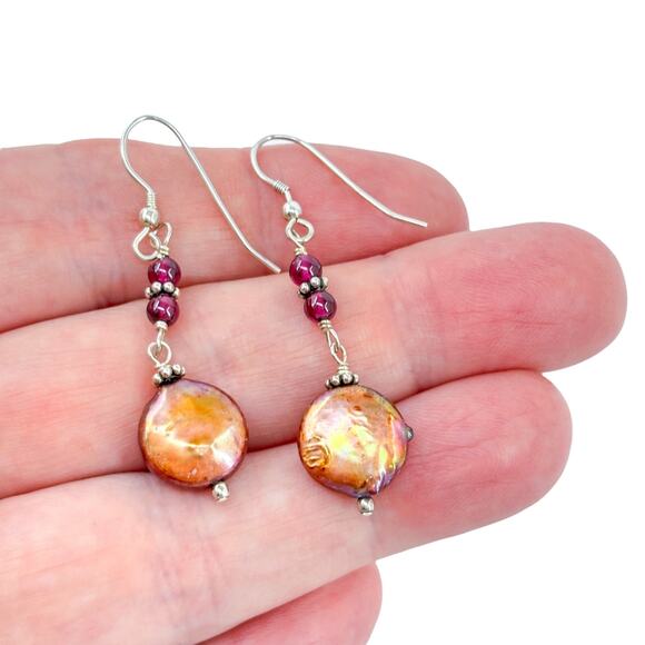 Vintage Sterling Silver 925 Garnet Bead Pearl Dangle Fishhook Earrings - Picture 1 of 6